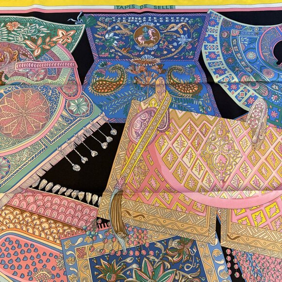 New NWT HERMES Tapis de Selle Black Rose Multi 90 cm Silk Square Scarf Box RARE - Picture 15 of 16